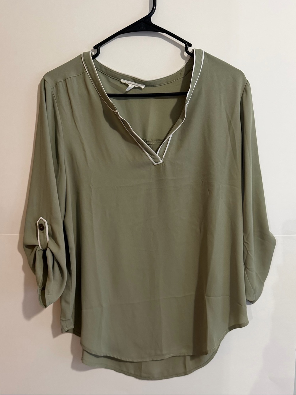 Maurices Olive V-Neck Roll-Tab Blouse with Contrast Trim
